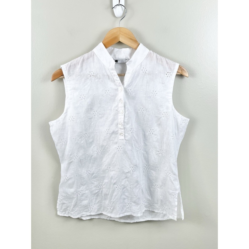 Carole Little Women's 100% Linen White Sleeveless Floral Embroidered Tank Mp?